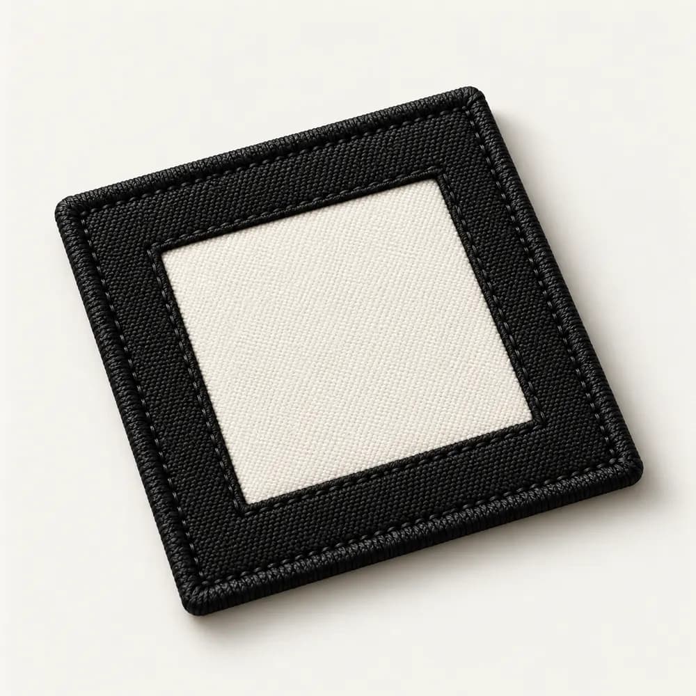 Illustrative close-up of a black textile patch with stitched edges